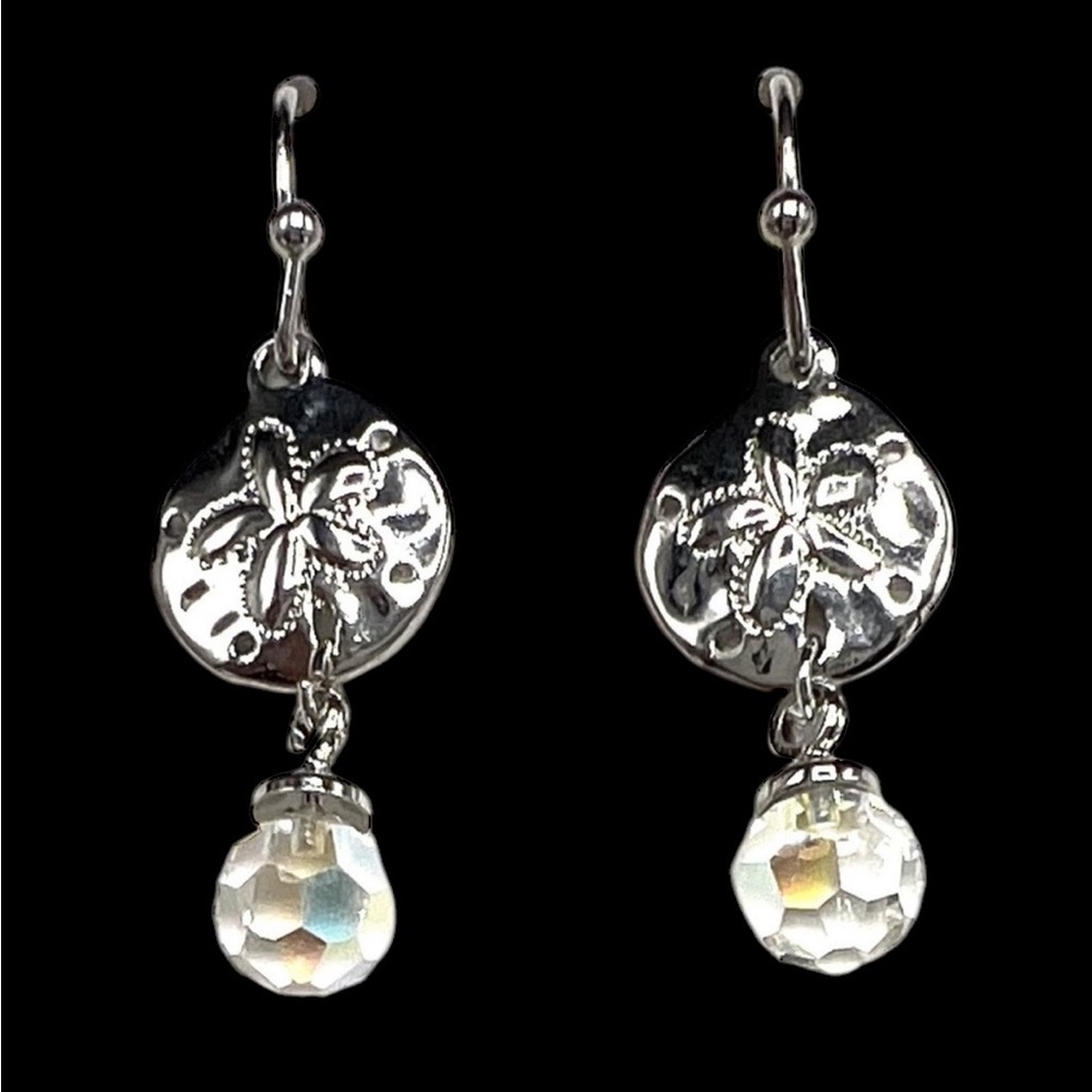 Swarovski Crystal Sand dollar Sterling Silver Overlay Drop Earrings